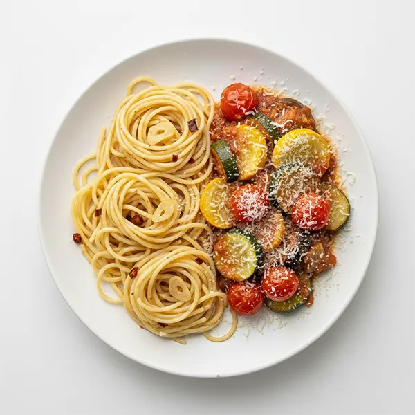 Luscious vegetable ratatouille with spaghetti aglio e olio